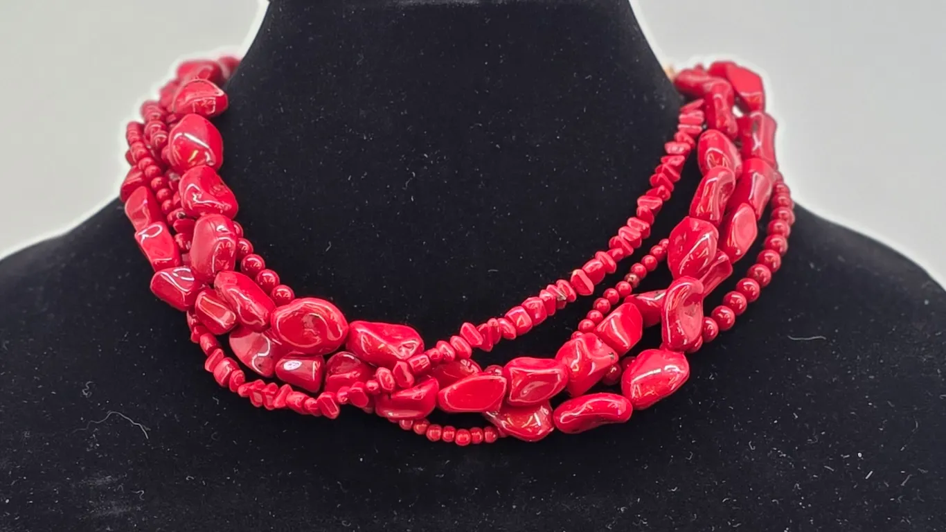 Red Multi Strand Chunky Faux Coral Bead Statement Necklace Copper Tone Clasp