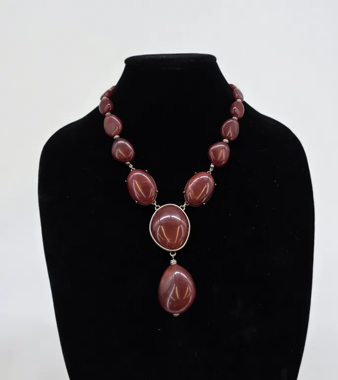 Chunky Red Stone Statement Necklace – Silver-Tone Drop Pendant