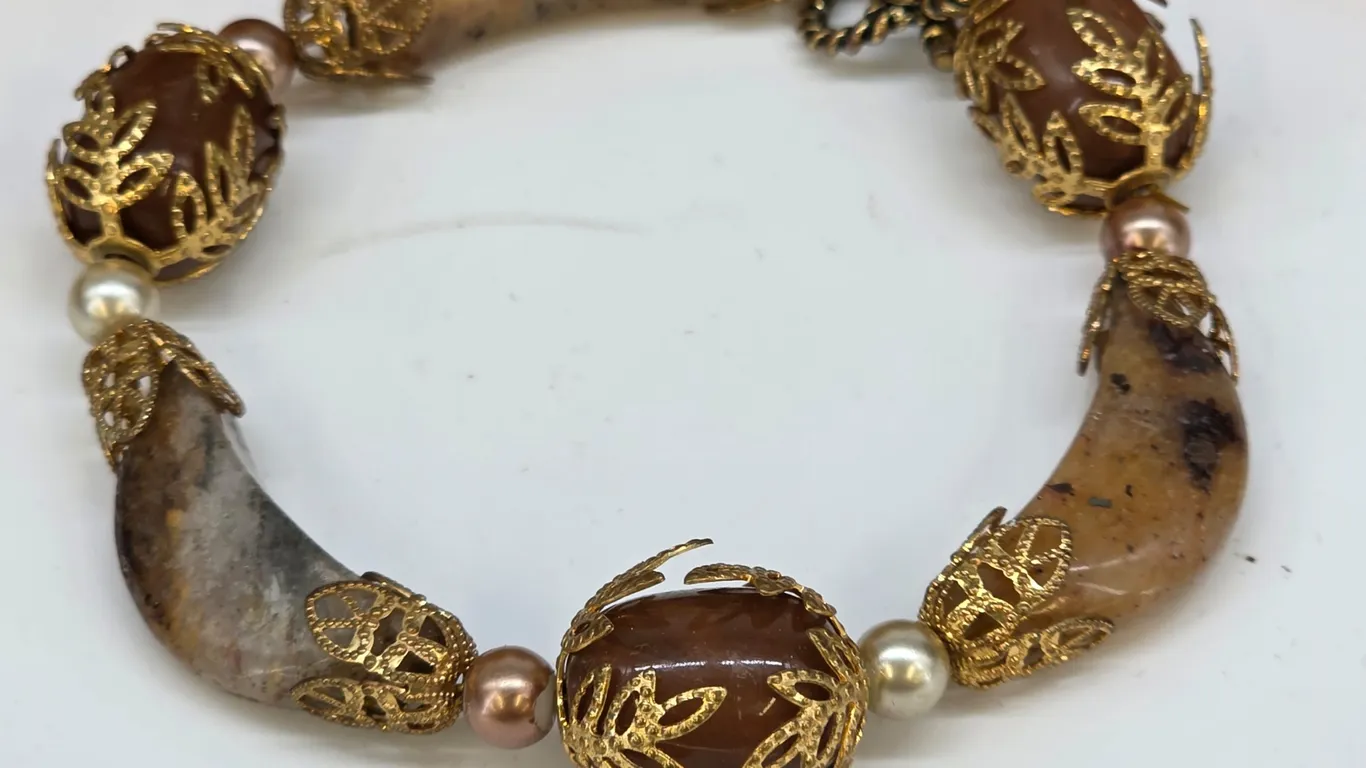 Vintage Style Brown Stone Bracelet – Gold-Tone Filigree & Faux Pearl Statement Jewelry