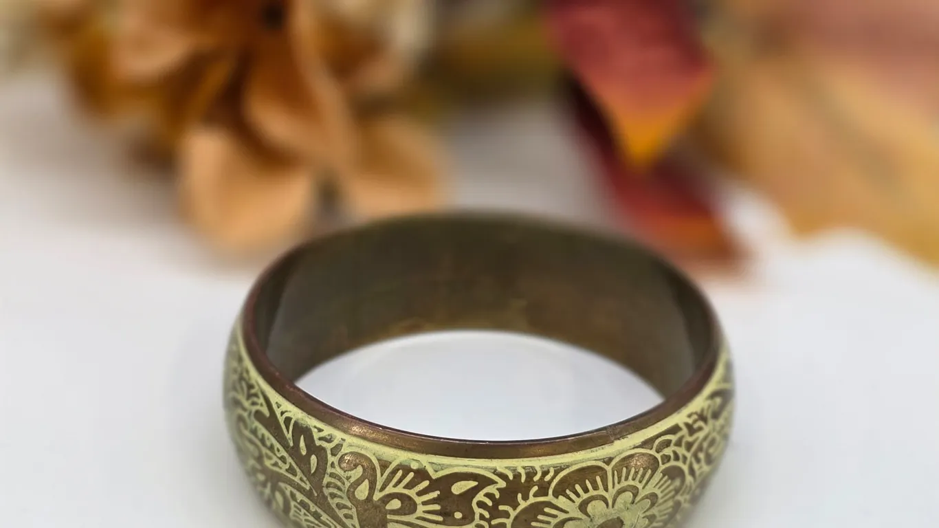 Vintage Brass Floral Etched Wide Bangle Bracelet – Boho Statement Jewelry