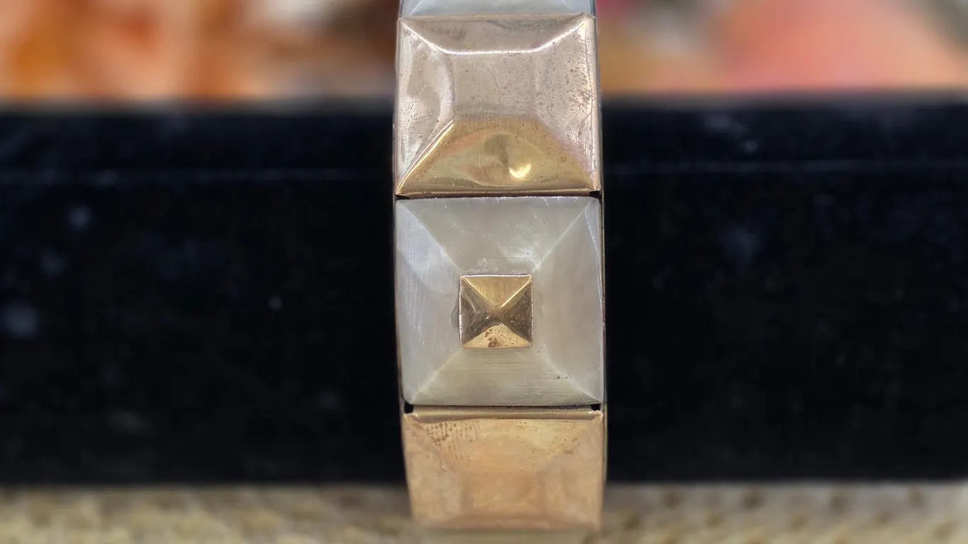 Vintage Chunky Geometric Bangle Bracelet Gold Tone Pearl Lucite Pyramid Studs