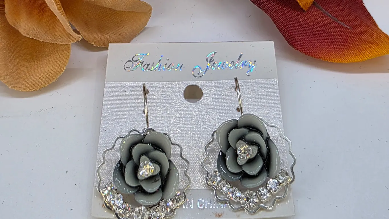 Gray Rose Rhinestone Dangle Earrings Silver Tone Fashion Jewelry