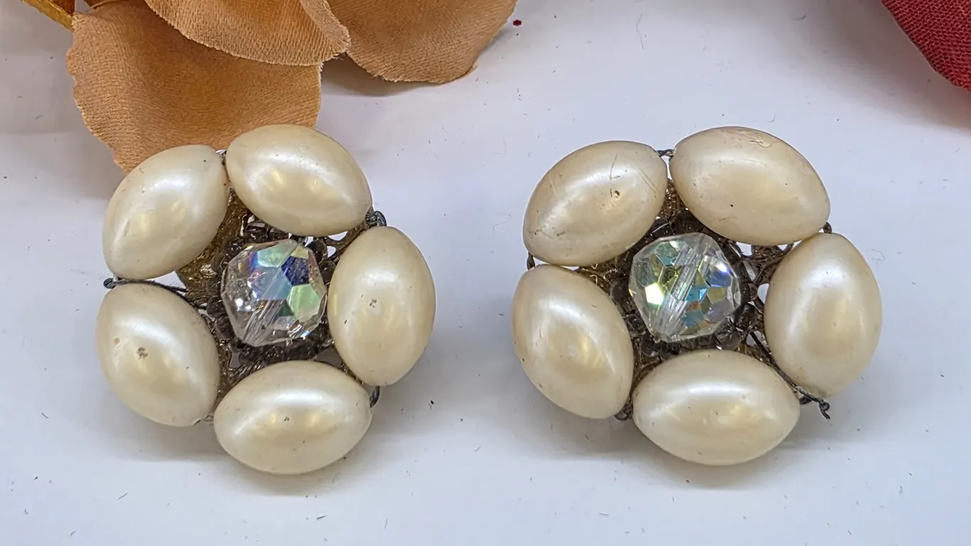 Vintage Faux Pearl & Aurora Borealis Crystal Cluster Clip-On Earrings