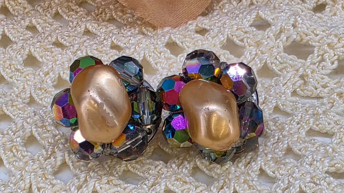 Vintage Western Germany Aurora Borealis Crystal & Faux Pearl Clip Earrings