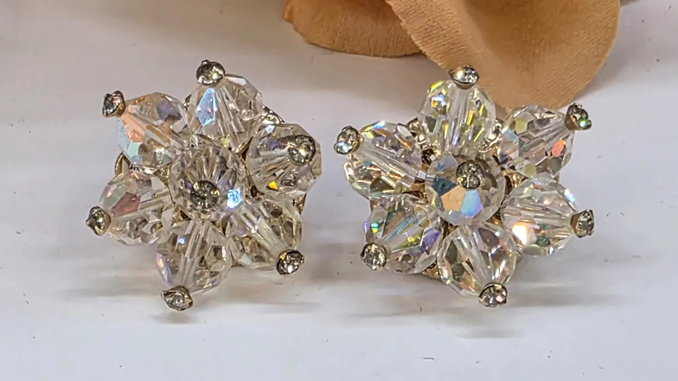 Vintage Vendôme Crystal AB Beaded Cluster Clip-On Earrings Signed
