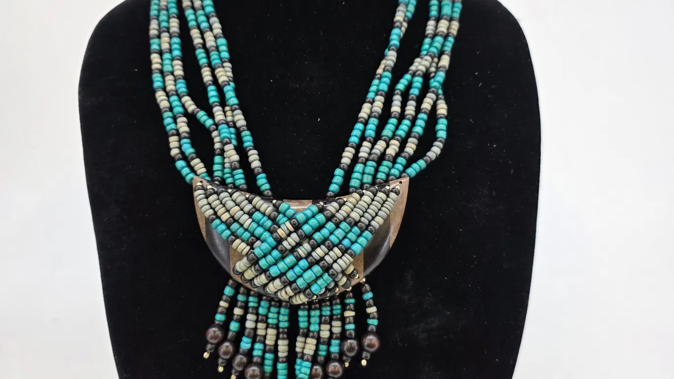 Vintage Philippines Handcrafted Wood Seed Bead Multi Strand Statement Necklace