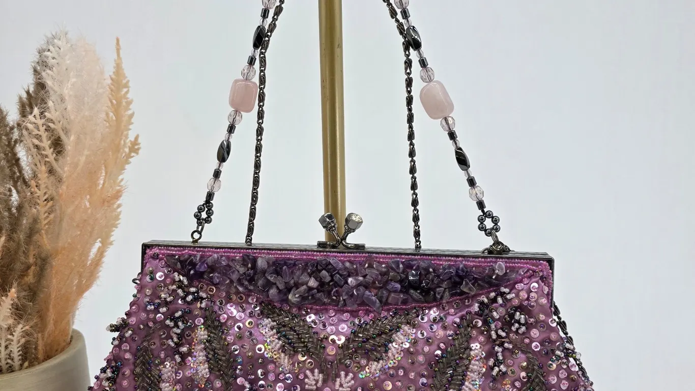 Beautiful Lilac Beaded Clutch with Short Beaded Strap and Long Strap