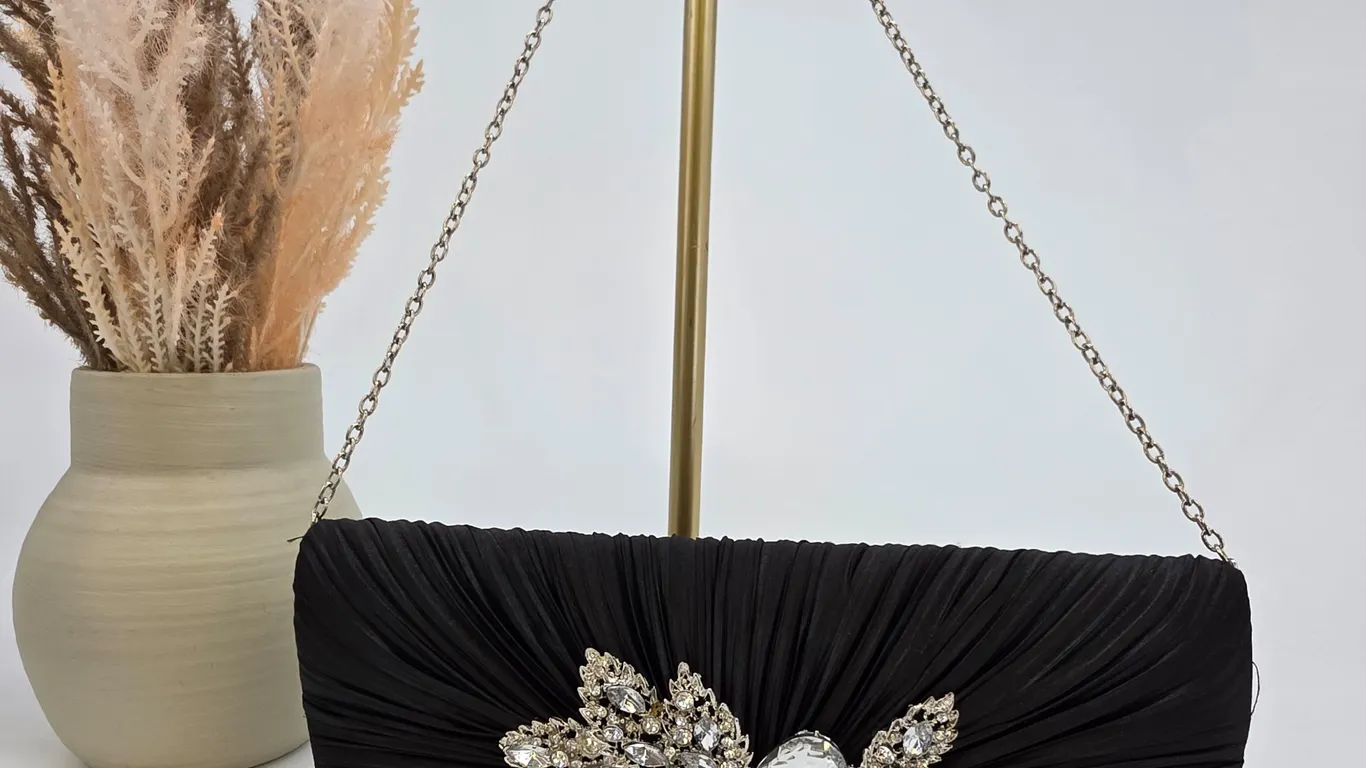 Elegant Black and Rhinestone Long Strap Evening Bag