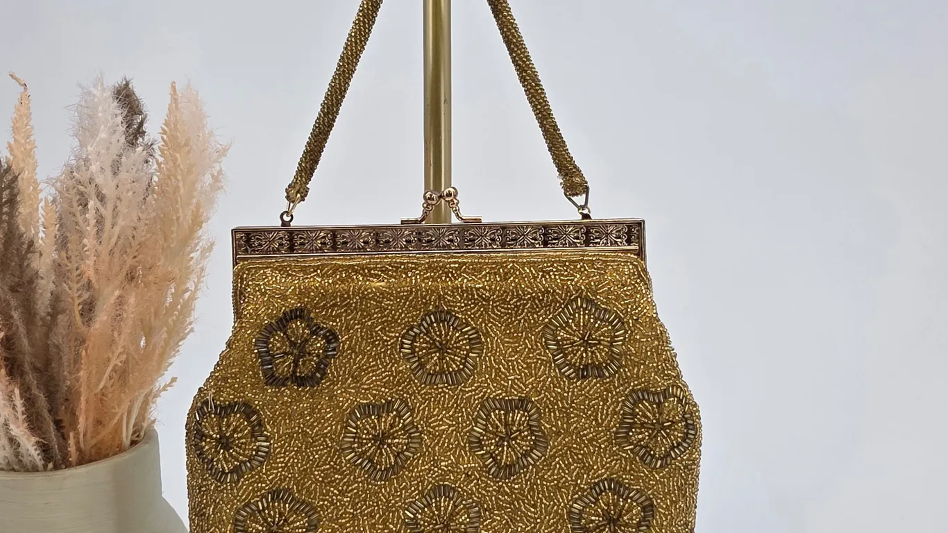Beautiful Vintage Beaded Gold Eveing Clutch with This Beaded Strap
