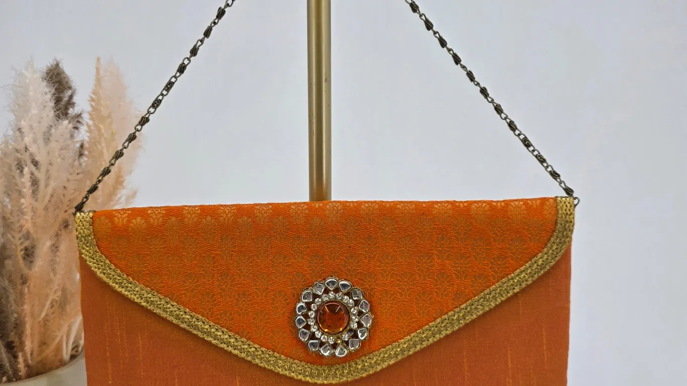 Vintage Orange Evening Clutch with Gold Chain