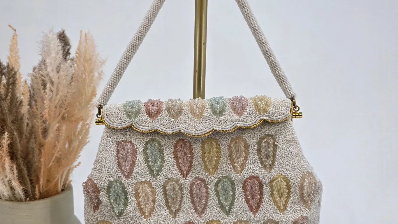 Beaded Satin Purse, Gold Bead Clutch, Vintage Cream Handbag, Signed Kishu's Hong Kong