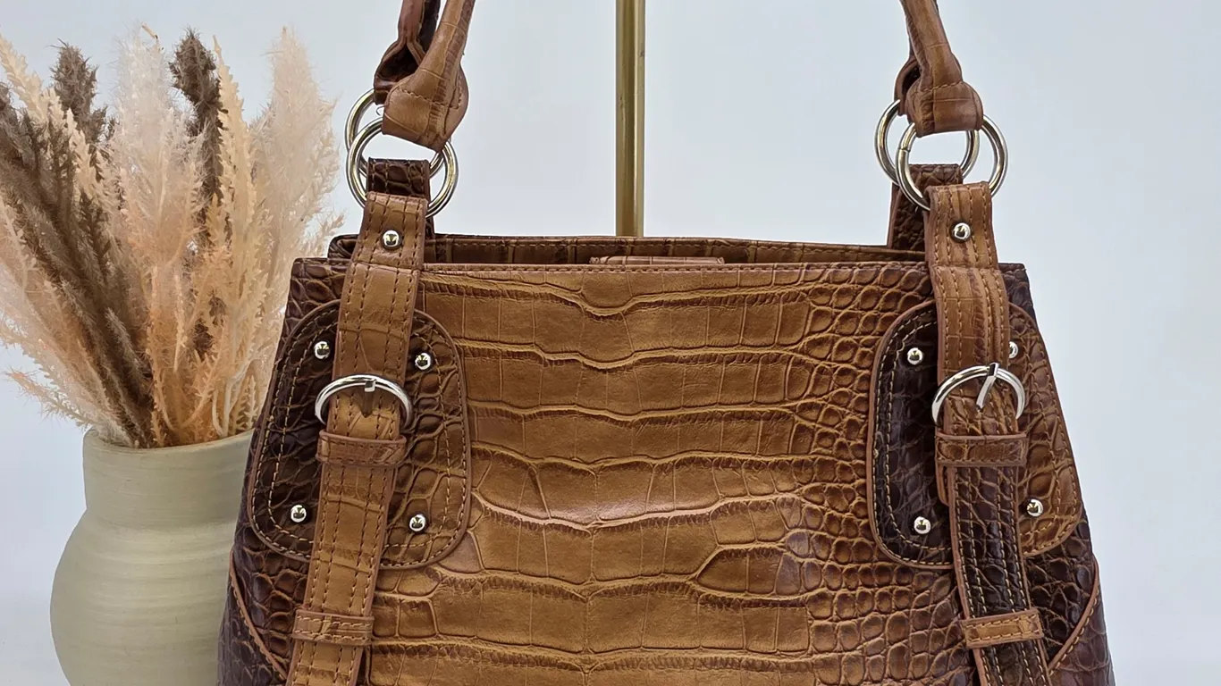Sag Harbor Brown Crocodile Embossed Faux Leather Shoulder Bag Buckle Detail