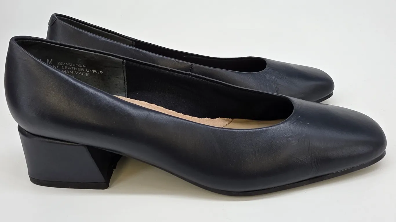 Mushrooms Comfort Black Leather Low Block Heel Pumps Round Toe Shoes 8M