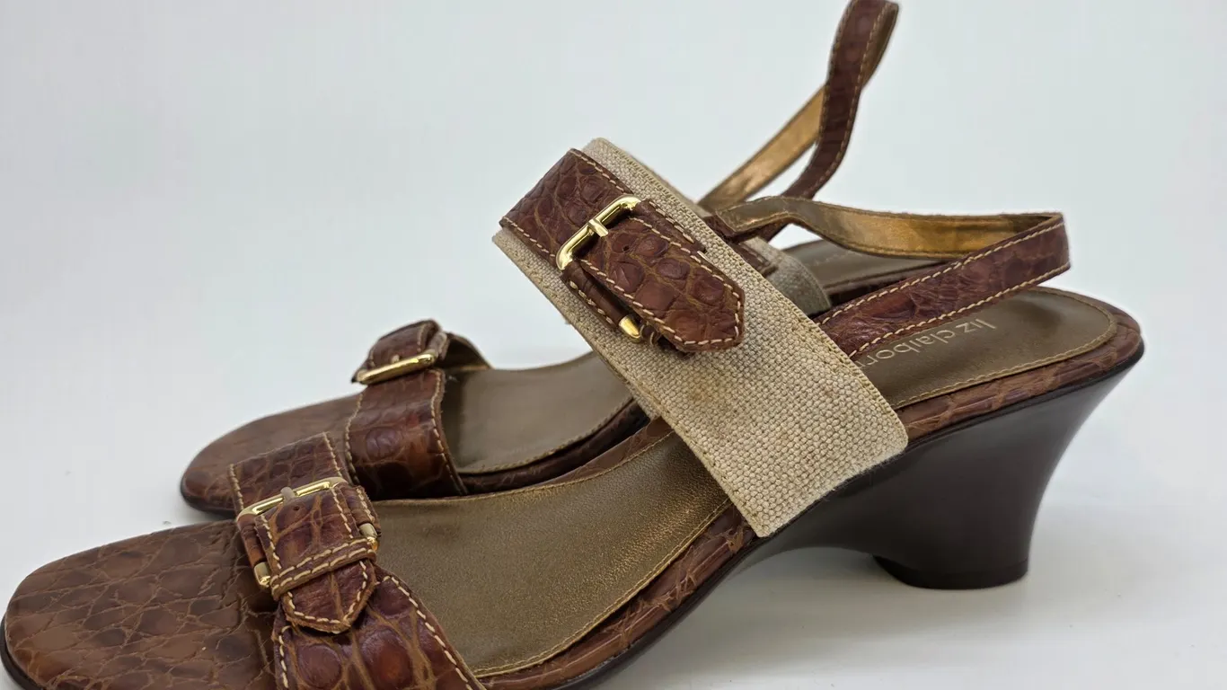 Liz Claiborne Tattianna Brown Croc Leather Canvas Wedge Sandals Womens 10M