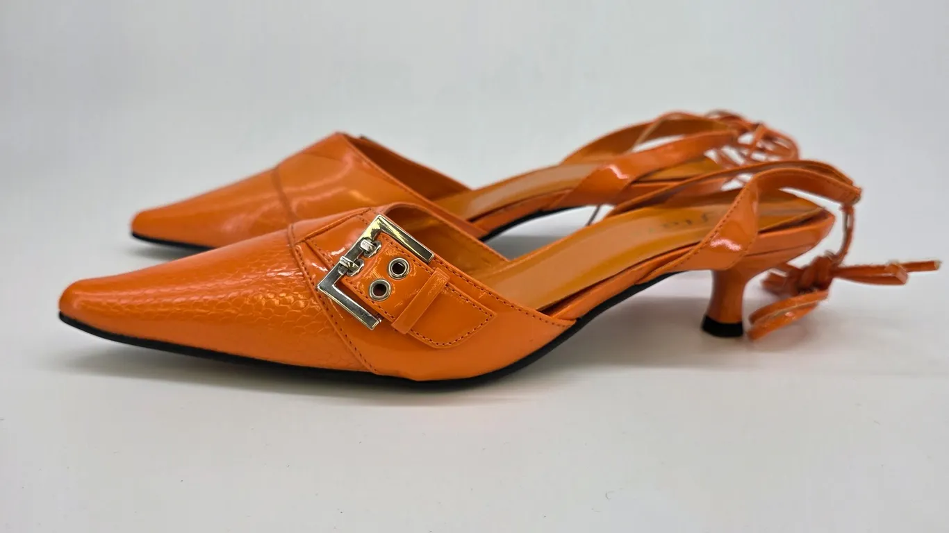 Flair Orange Patent Lace Up Kitten Heels Pointed Toe Buckle Slingback Pumps 8