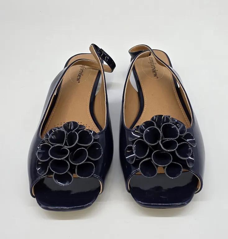Comfortview Womens Navy Blue Patent Floral Peep Toe Slingback Flats 9M