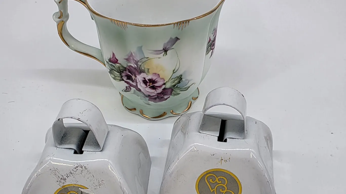 Three Pice Lot Cowbells and Ceramic Victorian Cup