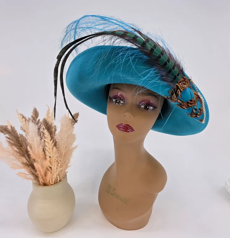Vintage Mr John Classic Turquoise Wool Feather Rhinestone Wide Brim Hat USA