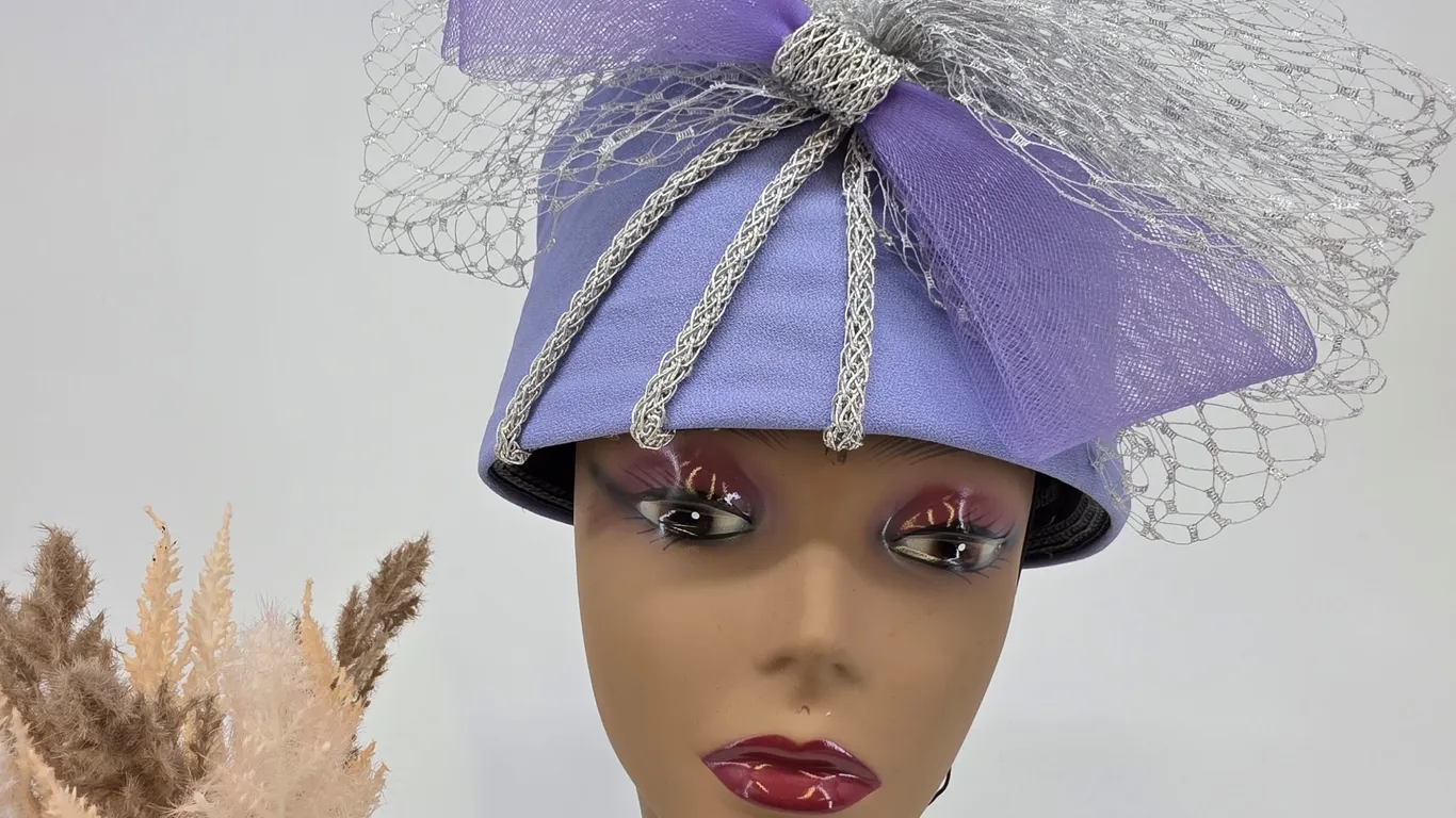Whittall & Shon Lavender Purple Lacquered Straw Pillbox Hat Silver Bow Veil USA