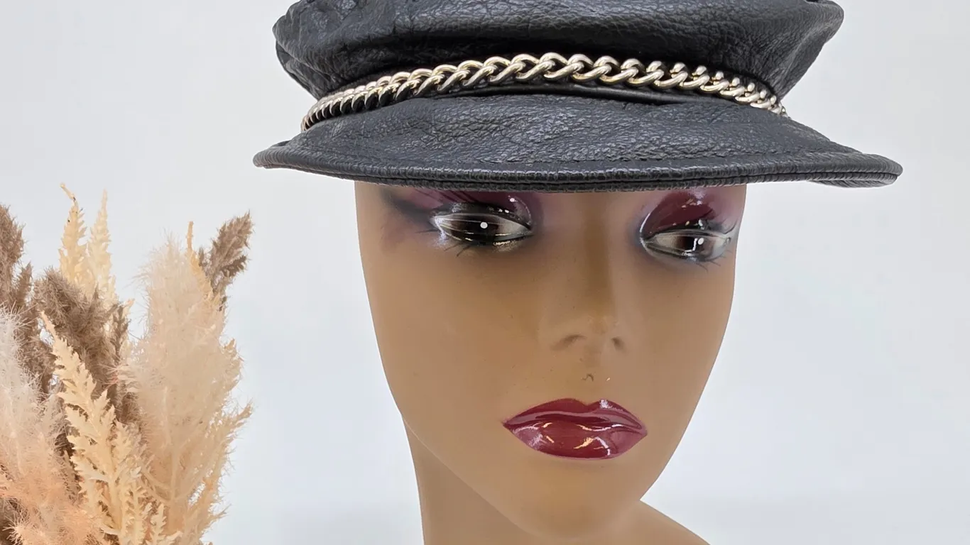 Vintage Black Leather Newsboy Cap Silver Chain Fiddler Biker Hat Made in USA