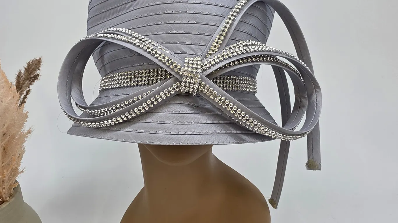Silver Rhinestone Bow Formal Church Wedding Derby Pillbox Hat Grey