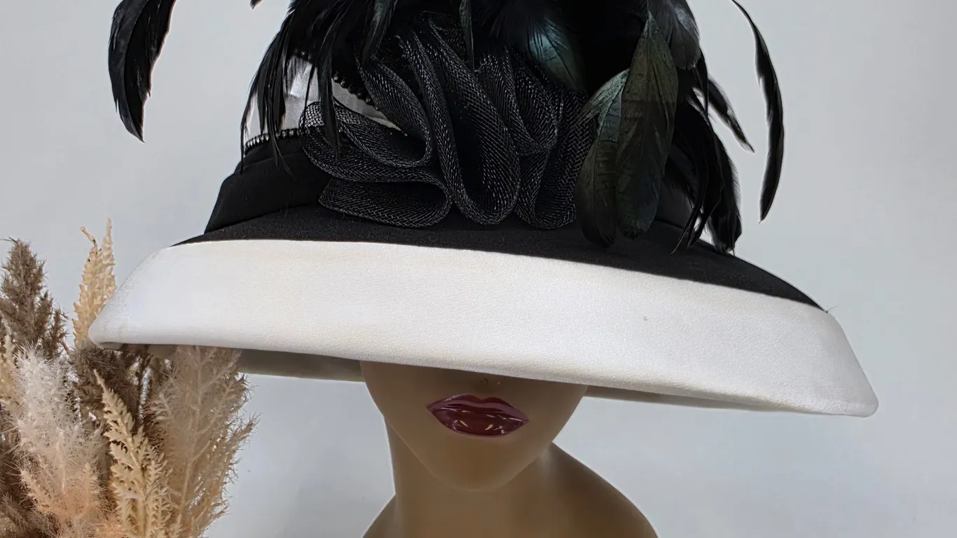 Lisa Rene Black White Formal Church Hat Feather Rhinestone Kentucky Derby