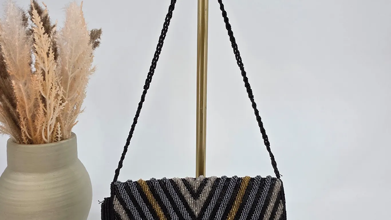 Vintage Beaded Chevron Evening Clutch Bag Gold Silver Black Metallic Deco Style
