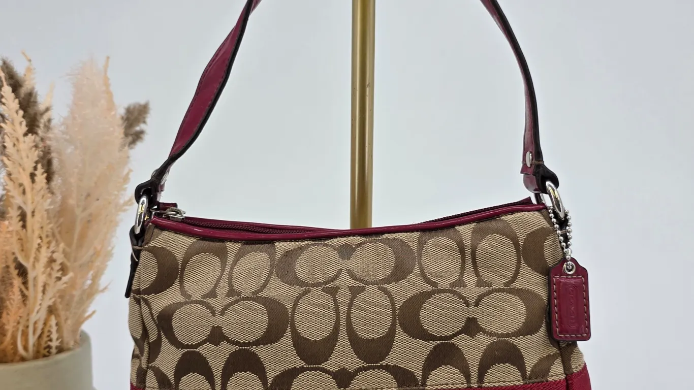 Coach Signature C Canvas Baguette Bag Khaki Red Stripe