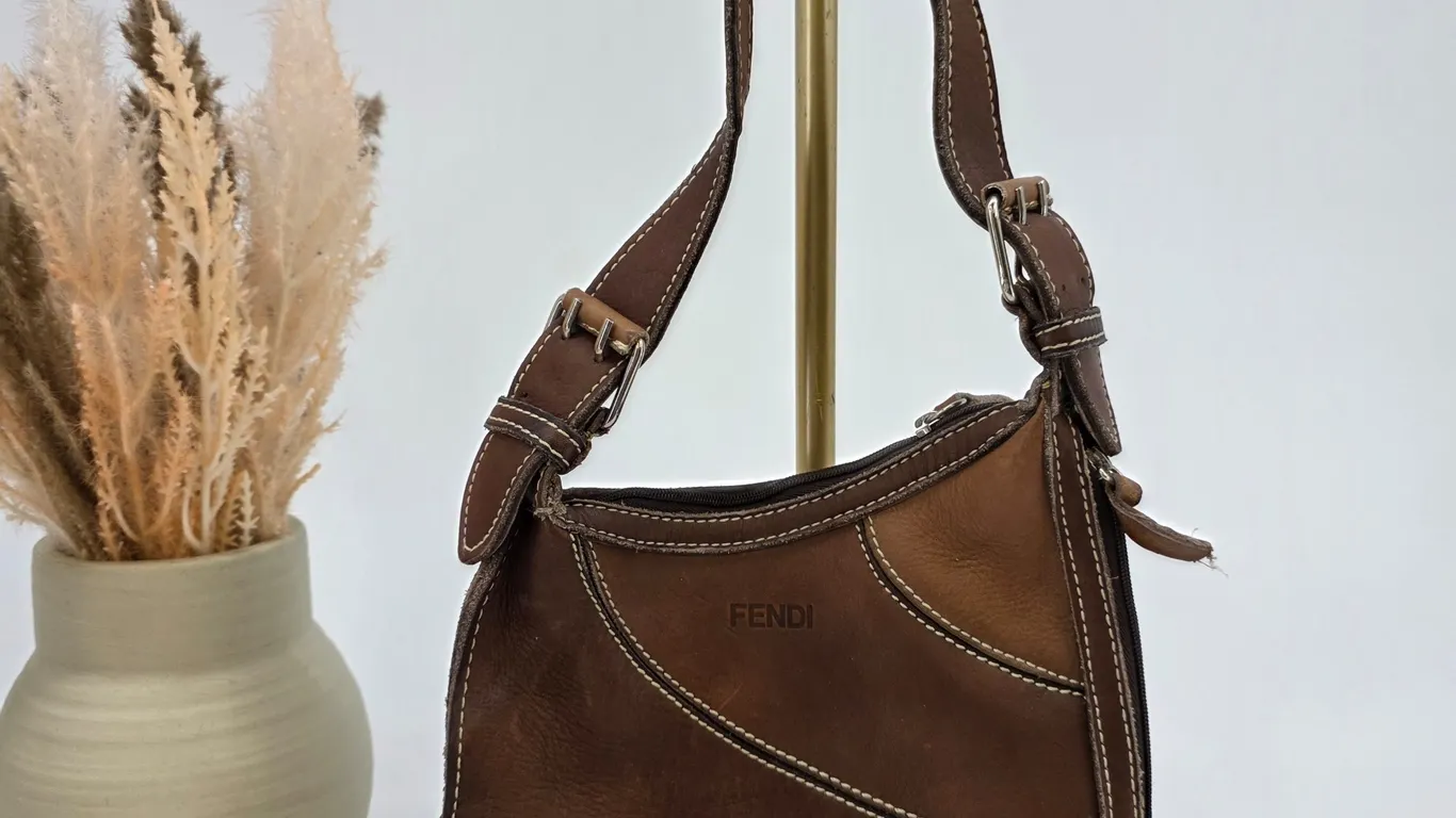 Vintage Fendi Brown Leather Paneled Hobo Shoulder Bag Contrast Stitching