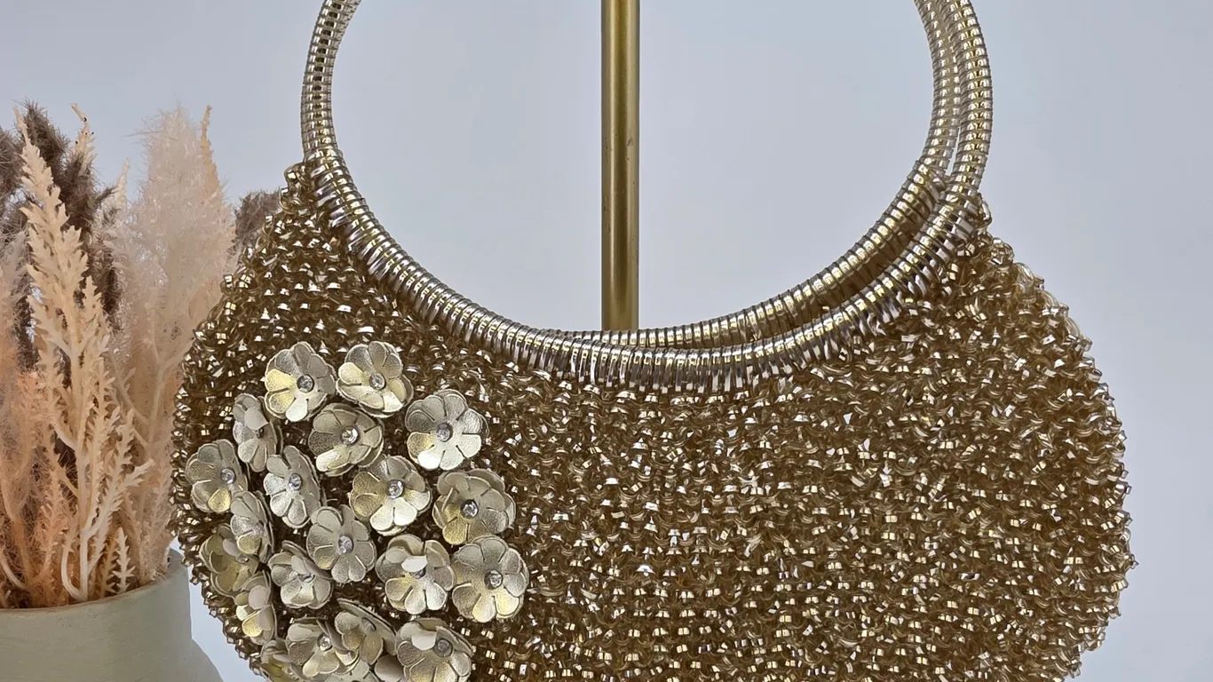 Unique Vintage Evening Bag Metallic Woven Top Handle Clutch Rhinestone
