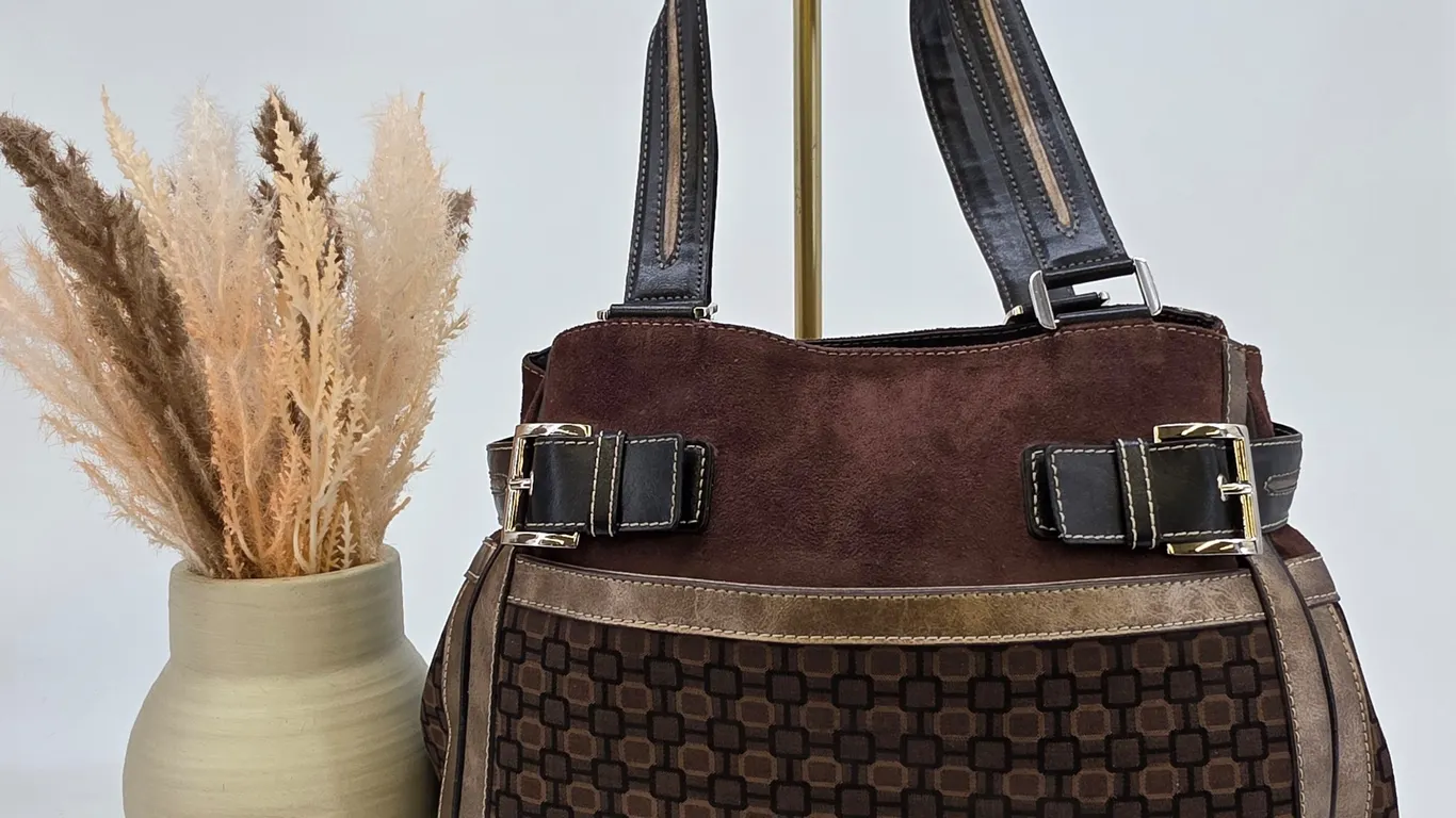 Nine West Brown Suede Monogram Canvas Buckle Shoulder Bag Handbag