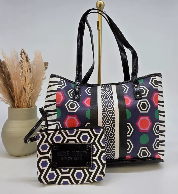 Nine West Geometric Print Tote Bag with Matching Pouch Multicolor Abstract