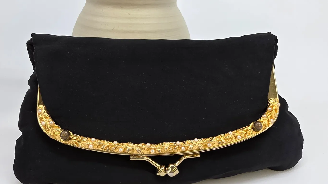 Vintage Black Fabric Clutch Ornate Gold Frame Faux Pearl Kiss Lock Evening Bag