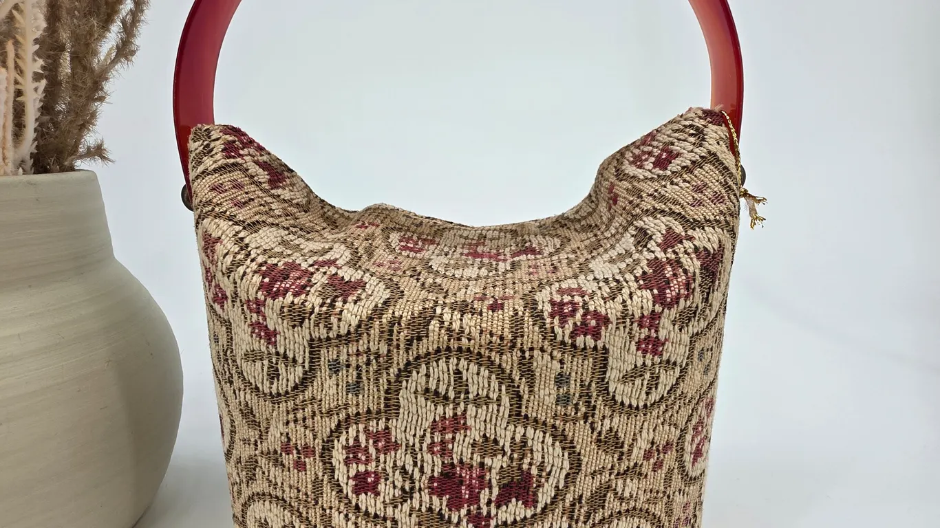Vintage Tapestry Handbag Red Lucite Handle Floral Woven Bucket Bag Burgundy Tan