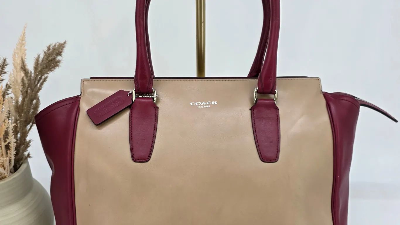 Coach Madison Madeline East West Satchel Leather Beige Burgundy 25802