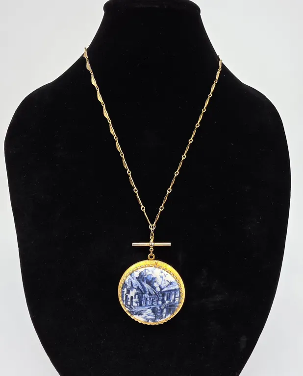 Vintage Like Blue White Cottage Porcelain Locket Necklace Gold Tone Leaf Link Chain