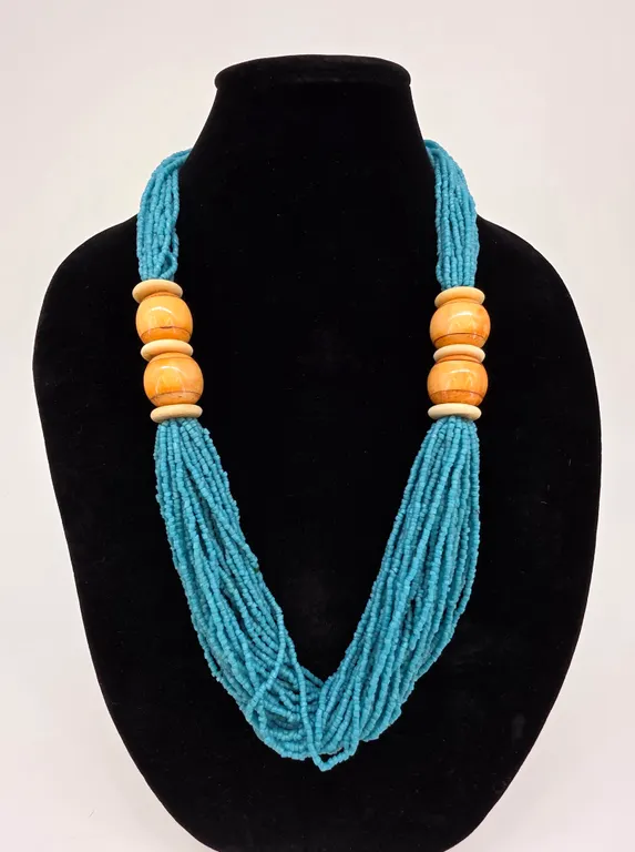 Turquoise Seed Bead Multi Strand Statement Necklace Orange Wood Beads Boho