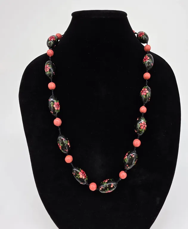Hand Painted Wooden Floral Bead Necklace Black Coral Pink Boho Folk Art