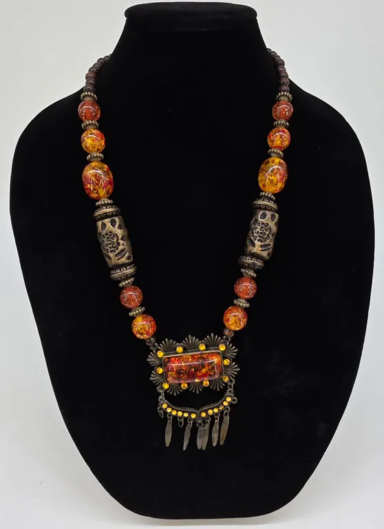 Boho Statement Necklace Brass Amber Resin Beads Rhinestone Pendant Dangle