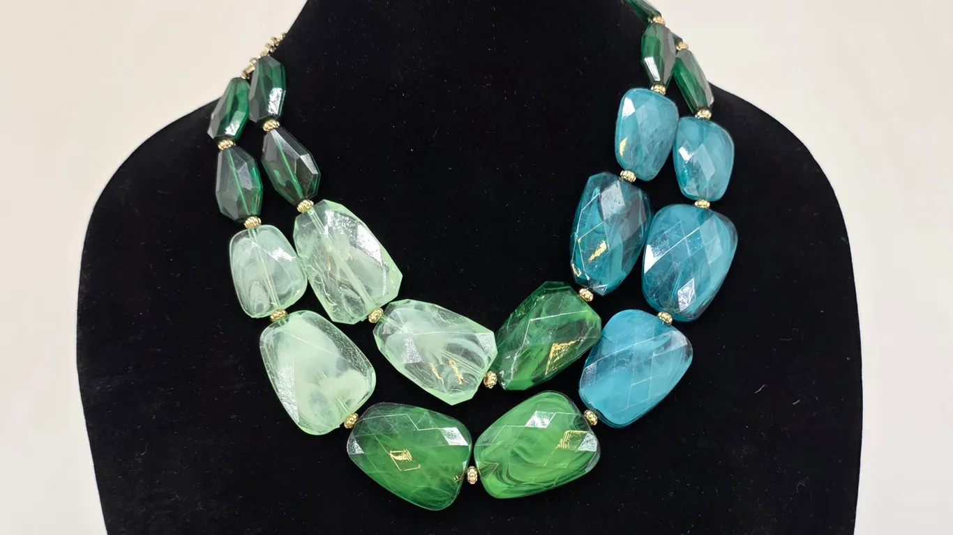 Chunky Green and Teal Double Strand Statement Necklace Gold Tone Faceted Beads