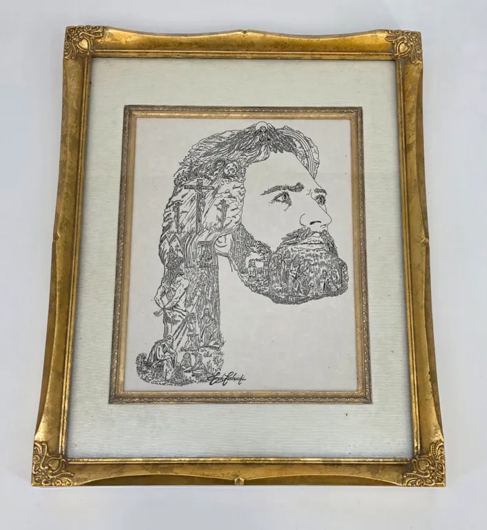 Linda Ludricki Signed Jesus Christ Life Story Ink Drawing Gold Framed