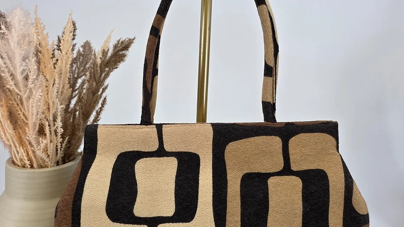 Angela Adams Portland Maine Wool Tapestry Geometric MCM Tote Bag Brown Tan