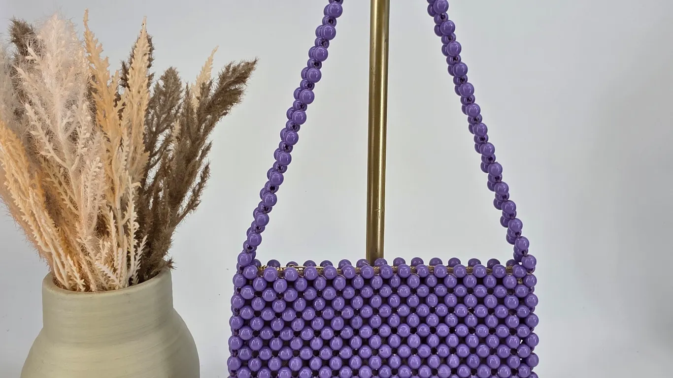 Vintage Handmade Purple Beaded Shoulder Bag Retro Hong Kong Zippered Purse