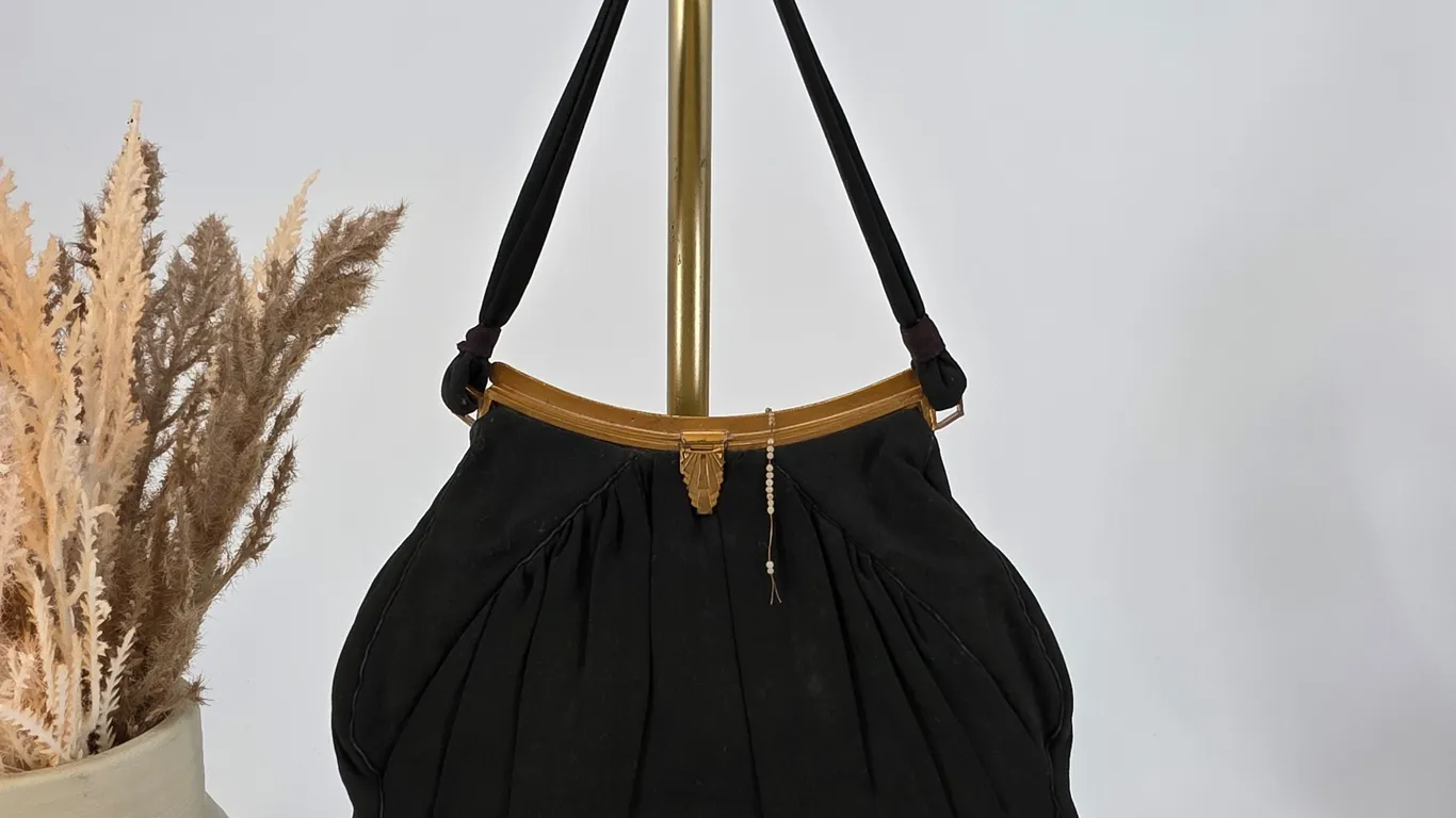 Vintage 1940s Art Deco Black Crepe Evening Bag Gold Frame Pleated Handbag