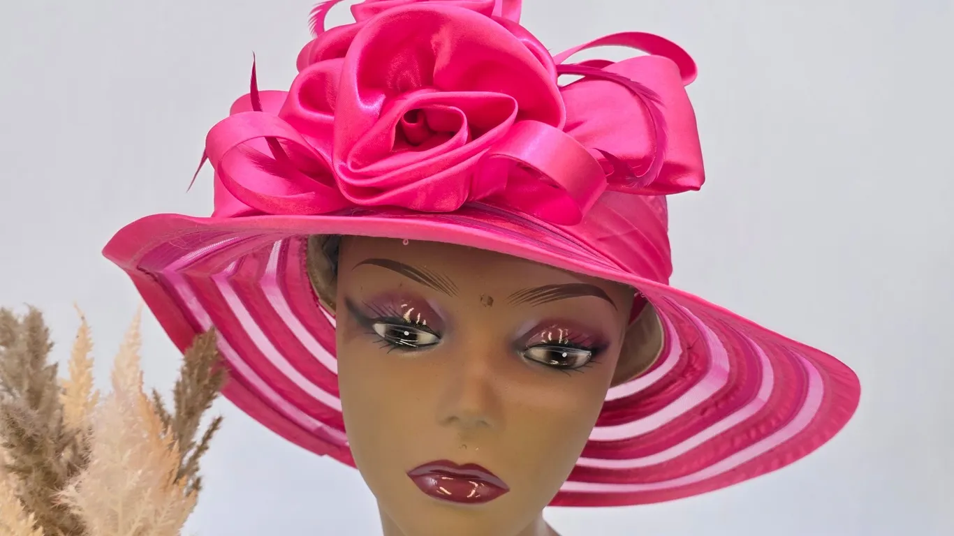 Swan Hat New York Hot Pink Wide Brim Kentucky Derby Church Dress Hat Satin Rose