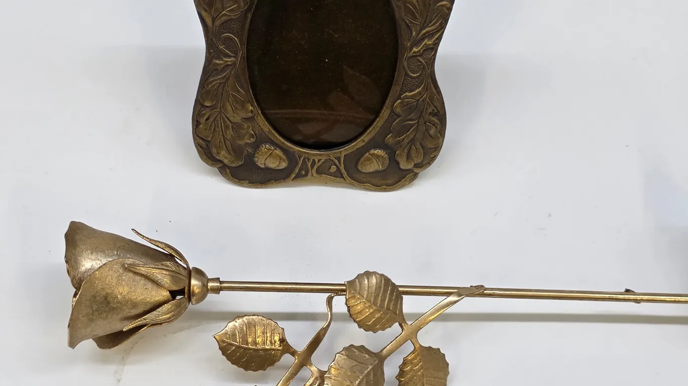 Small Gold Picture Frame and Brass Rose