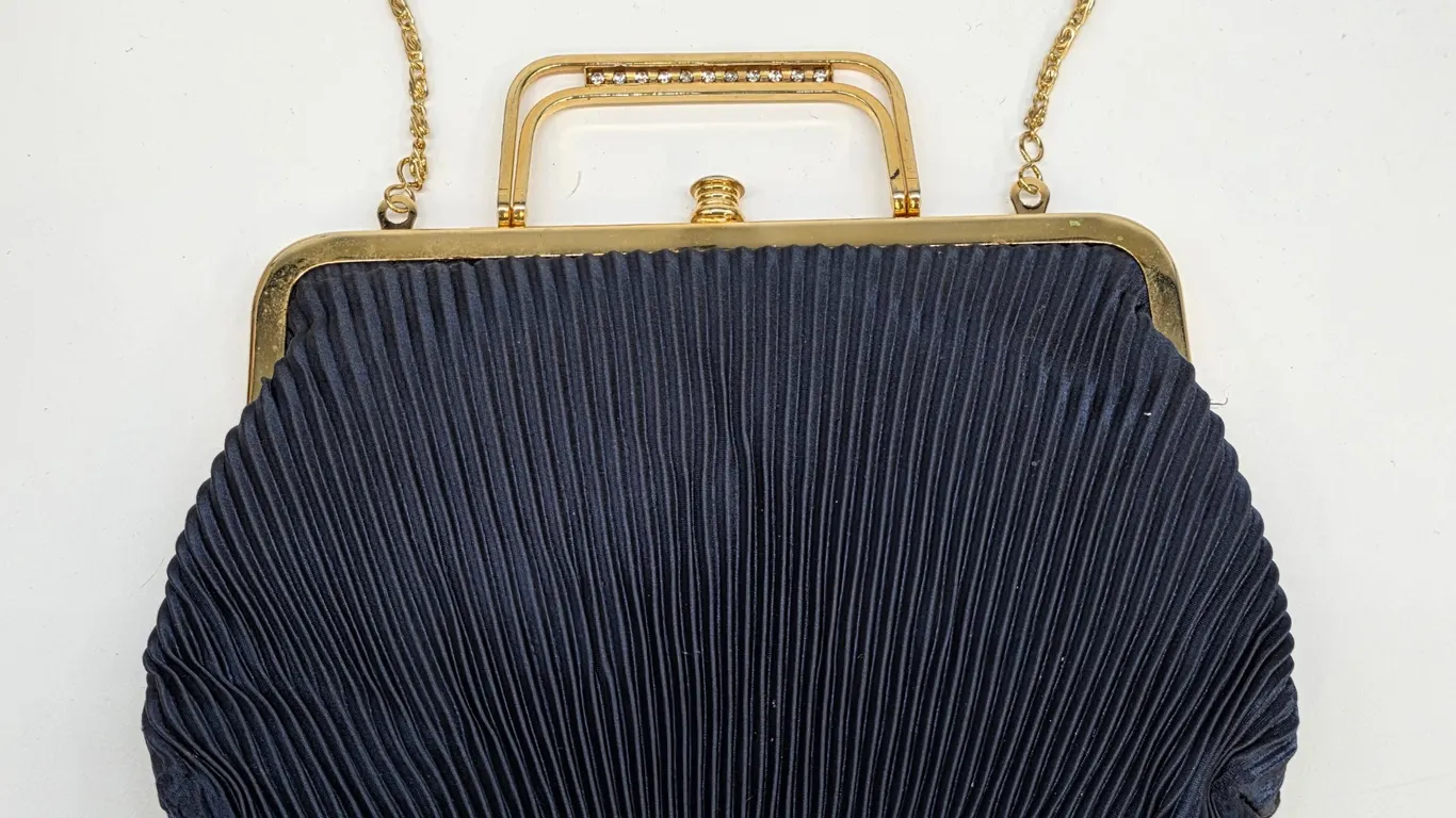 Vintage Navy Blue Pleated Satin Evening Clutch Bag Gold Rhinestone Handle