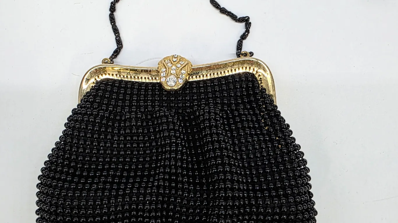 Vintage Black Beaded Evening Bag Rhinestone Clasp Gold Tone Frame Chain Strap