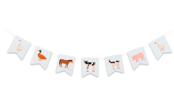 Farm Animals Banner Blue Gingham Pattern Bunting Goose, Duck, Horse, Cow, Sheep & Pig
