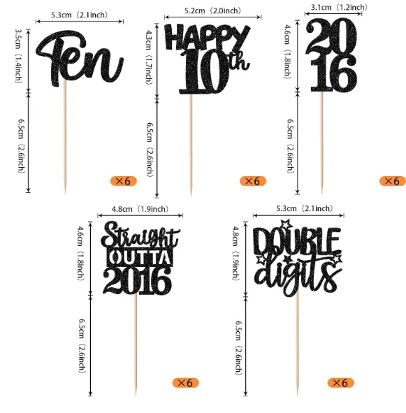 Black 10th Birthday Cupcake Toppers Glitter Cupcake Picks for Cheers to 10 Years